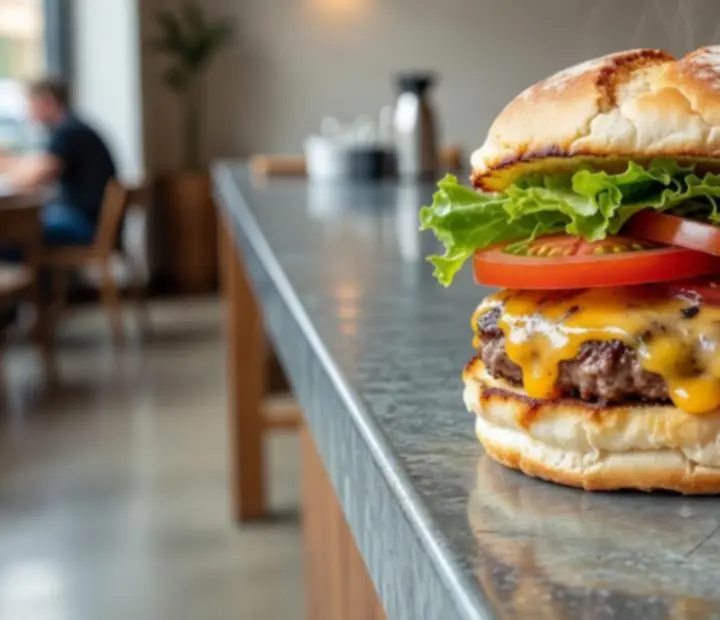 Közeli kép egy kézműves hamburgerről, ahol Programdistrict szolgálnak fel