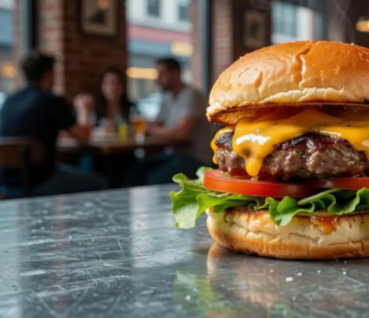 Közeli kép egy kézzel készített bisztró burgerről egy cink pulton
