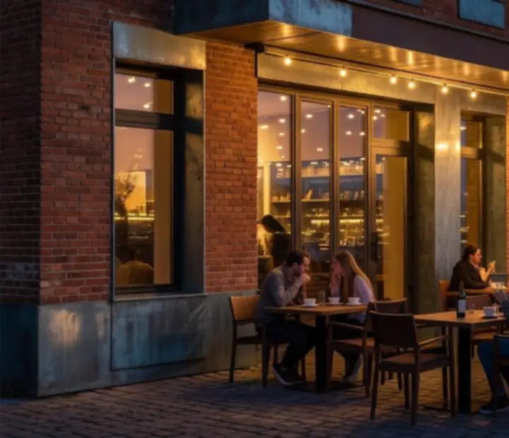 Programdistrict bistro exterior at night in Budapest with warm lights and guests arriving