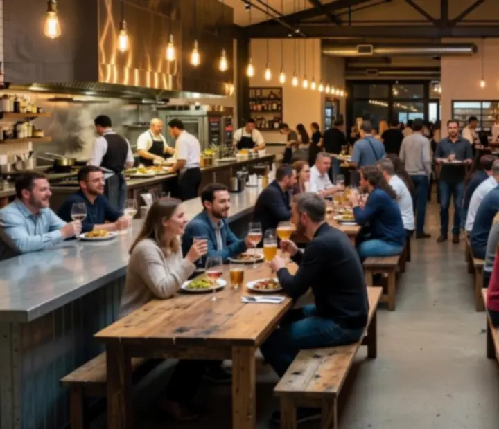Industrial-chic interior of the Programdistrict bistro with guests dining and soft evening lighting